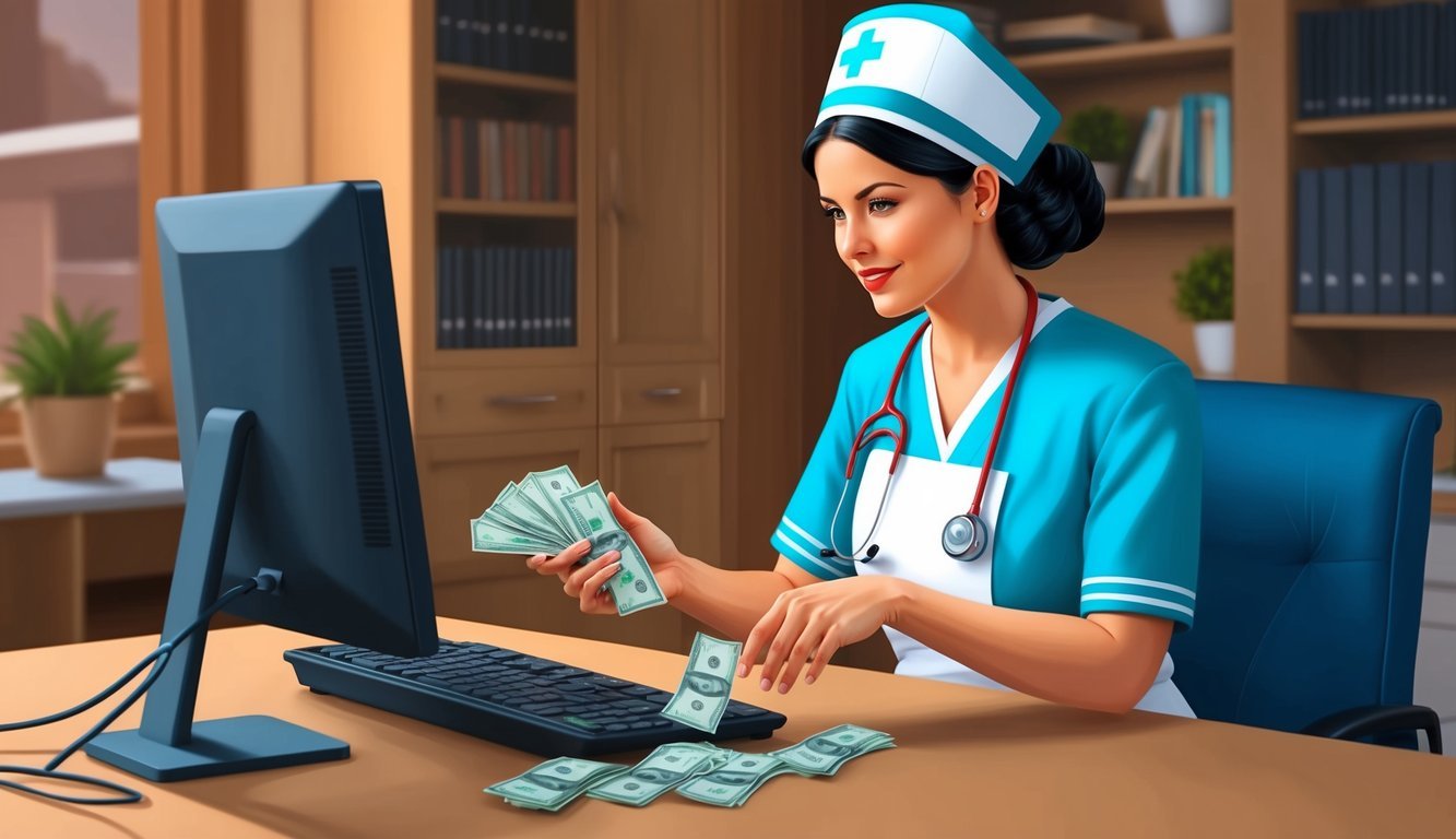 A nurse counting money while looking at a computer screen