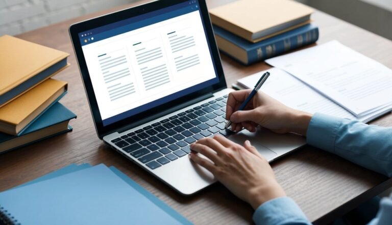 Person writing on laptop with books and papers on a wooden desk