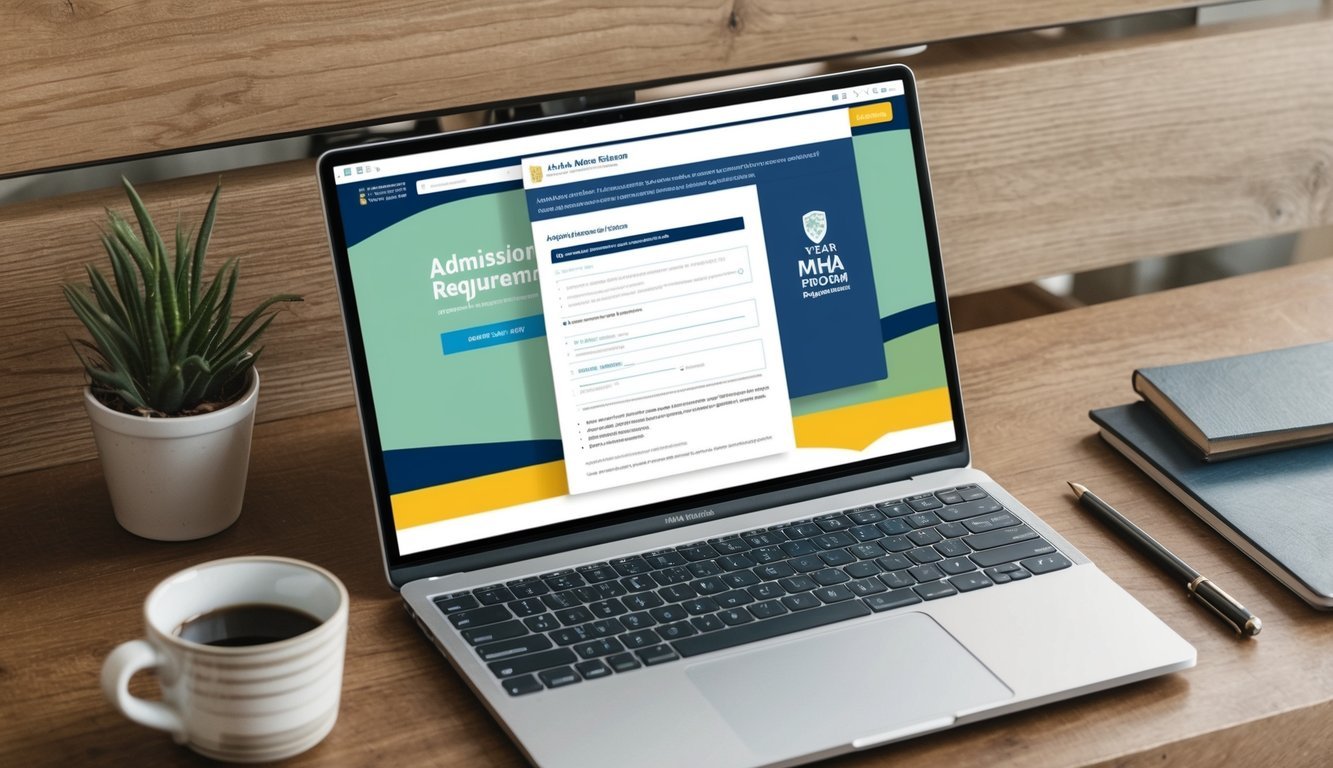 A laptop open to a webpage with a list of admission requirements and an online application form for a 1-year MHA program