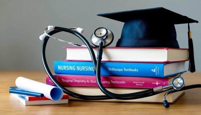 Graduation cap, stethoscope, and nursing textbooks stacked on a wooden surface