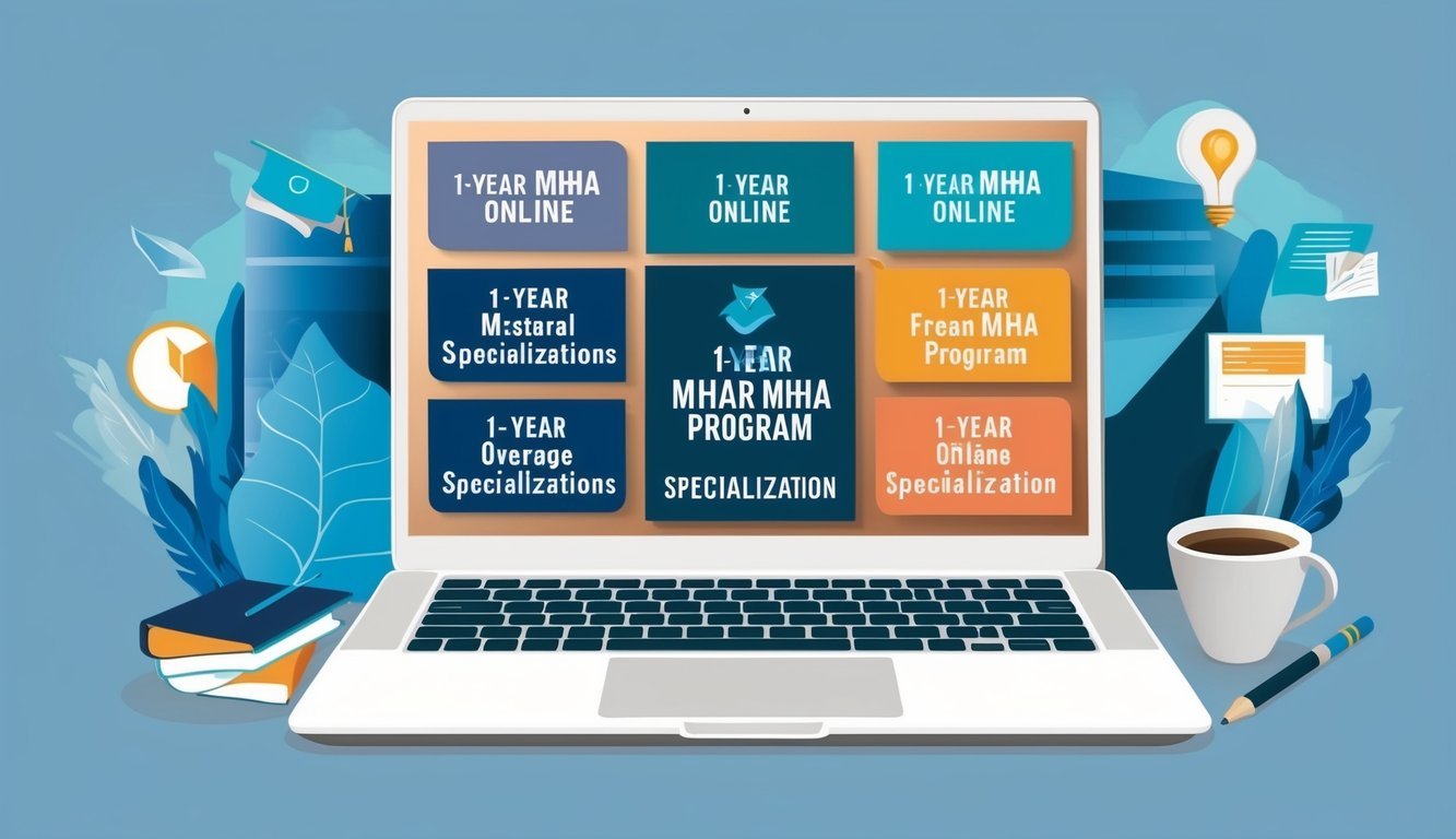 A laptop displaying various online 1-year MHA program options with different specializations