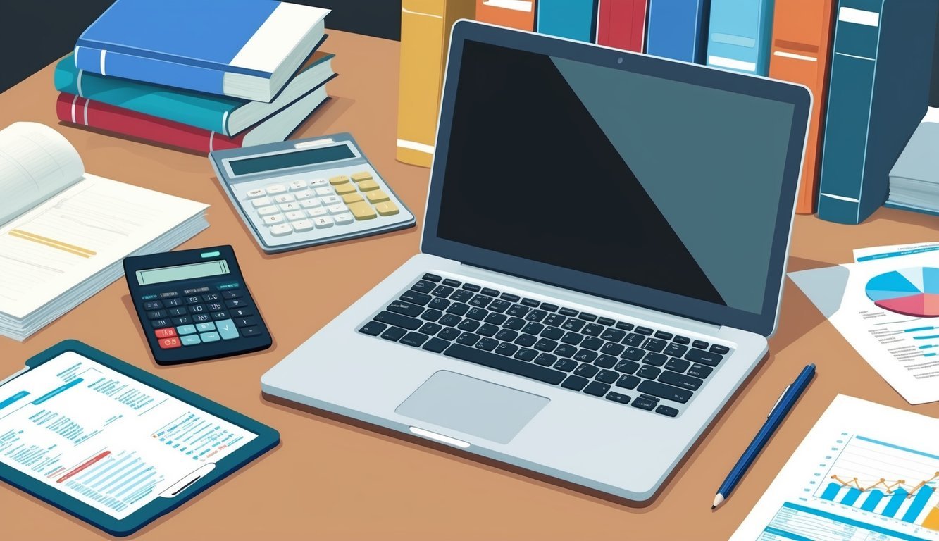A laptop open on a desk, surrounded by books and papers.</p><p>A calculator and financial documents lay nearby