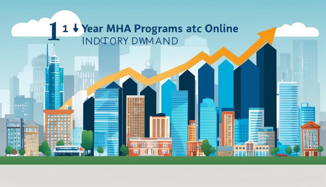 A bustling city skyline with various professional buildings and a graph showing an upward trend, symbolizing career outcomes and industry demand for 1 year MHA programs online