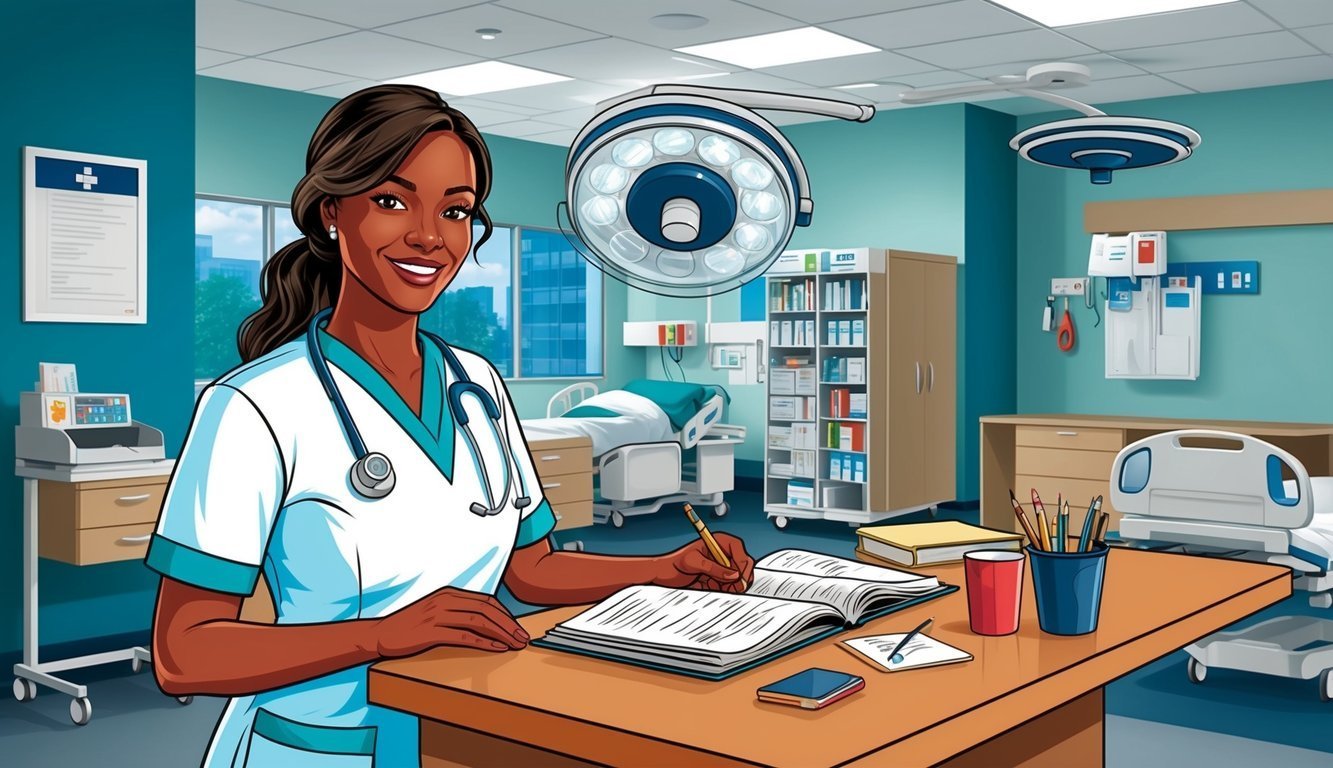 Smiling nurse writing in a notebook at a desk in a hospital room