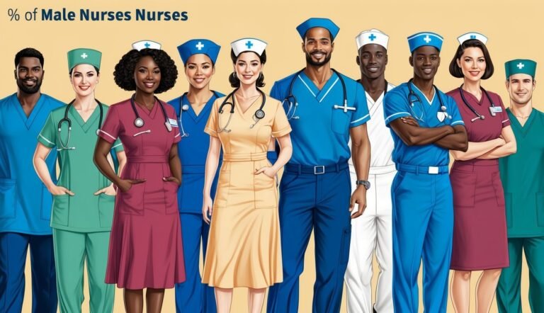 Illustration of diverse nurses in scrubs and caps, smiling at the viewer