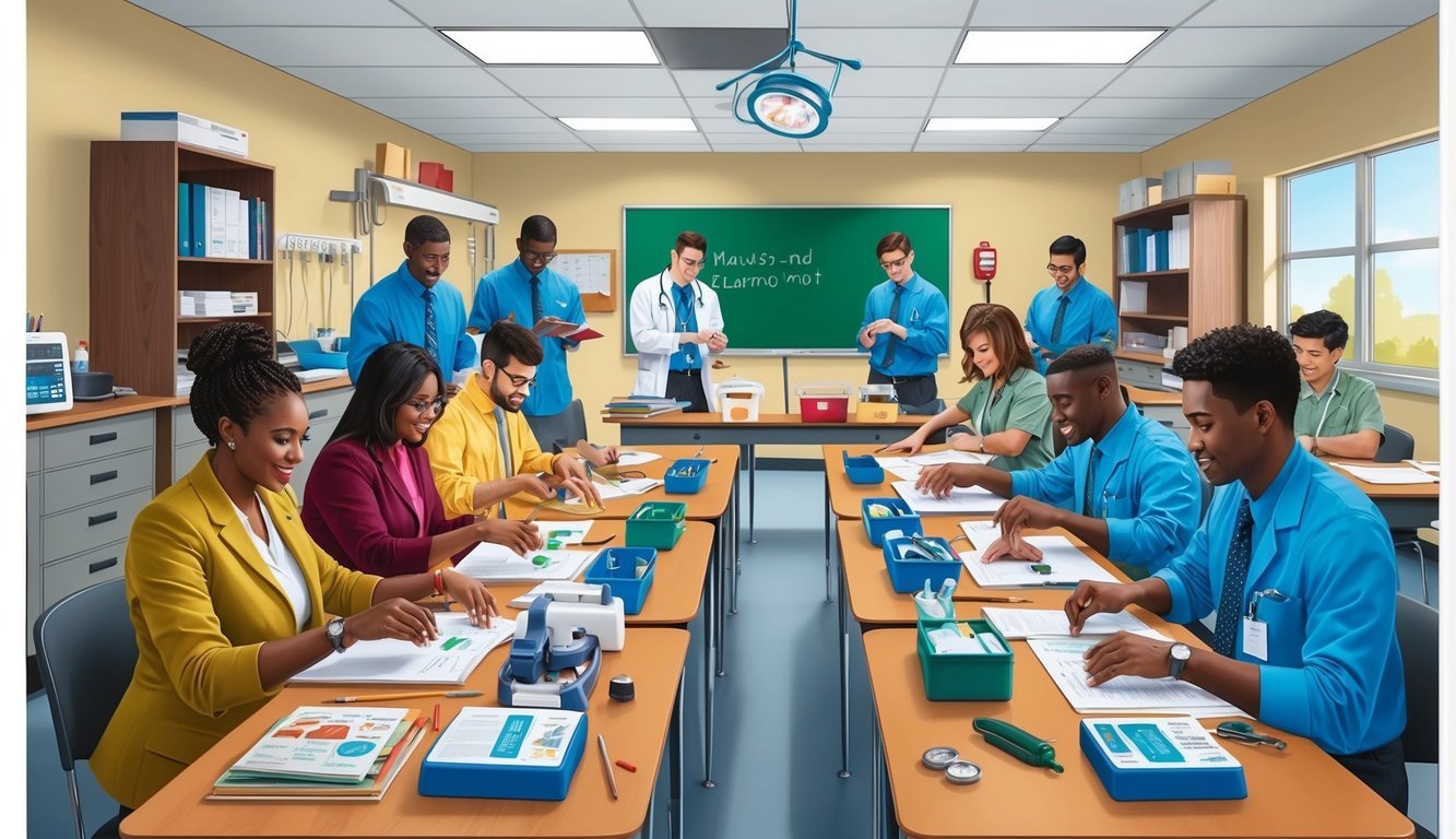 A classroom setting with students and instructors engaged in hands-on learning activities, surrounded by medical equipment and educational materials