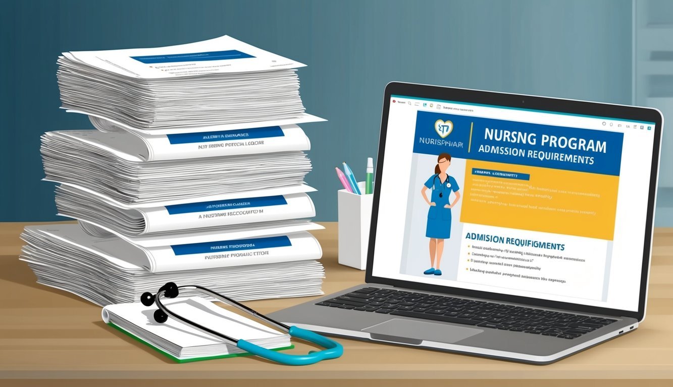 A desk with a stack of academic transcripts, a stethoscope, a nursing textbook, and a laptop displaying a nursing program's admission requirements and prerequisites