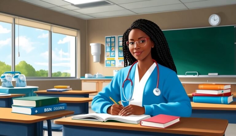 Smiling nurse in classroom writing in notebook, books on desk