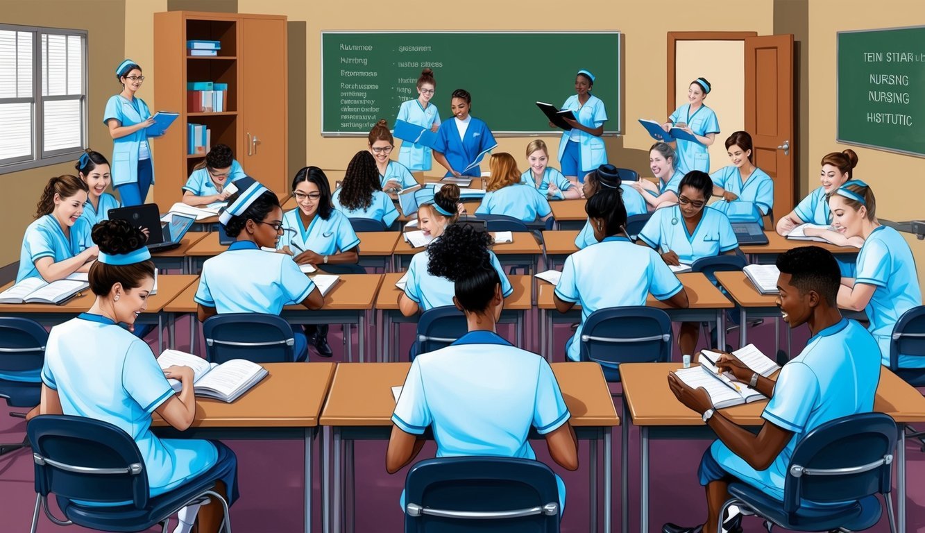 A classroom filled with nursing students studying and collaborating at a top Pennsylvania nursing institution