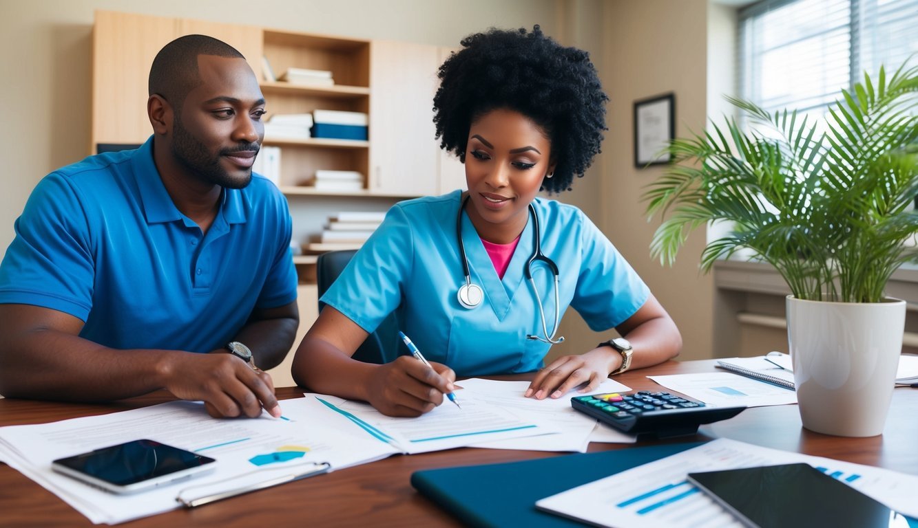 A nursing student studying at a desk with financial documents and a calculator, while a supportive mentor looks on