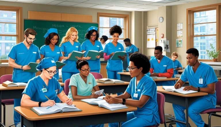 Nursing students in scrubs study and write in a classroom setting