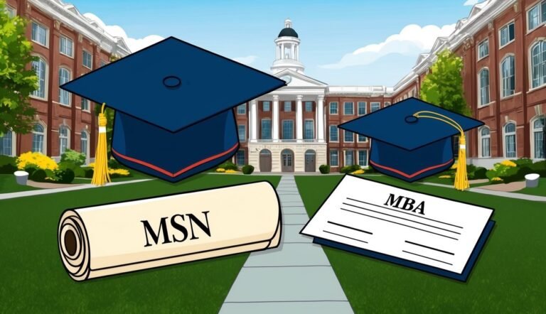 Graduation caps, diplomas, and degrees (MSN, MBA) in front of a university