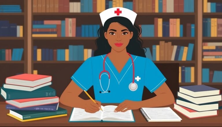 Nurse writing in a book, surrounded by bookshelves and stacks of books