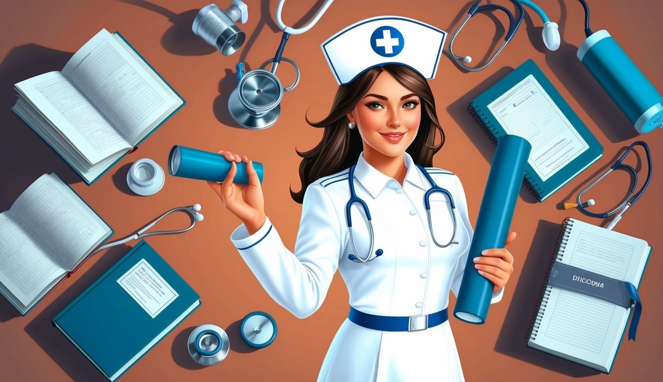 A nurse in a white uniform holding a diploma, surrounded by medical equipment and textbooks