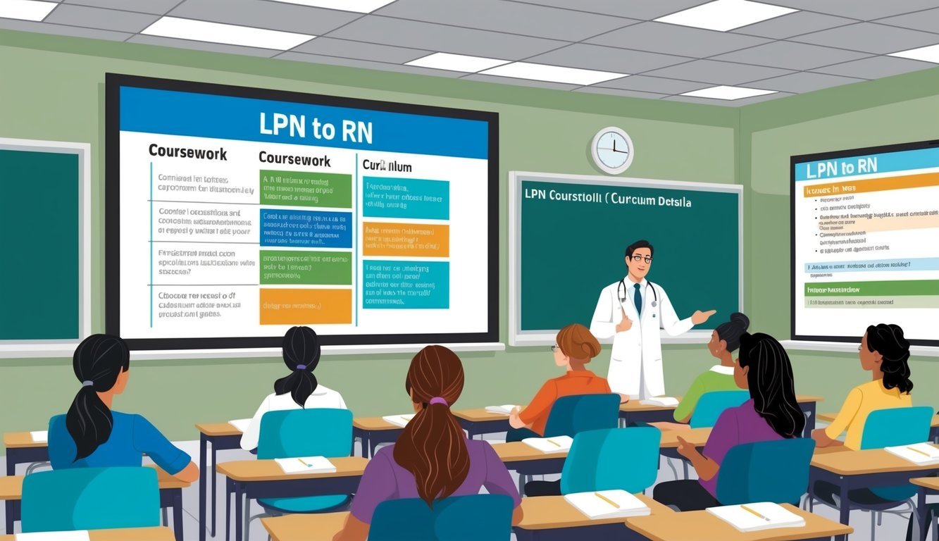 A classroom setting with LPN to RN coursework materials and curriculum details displayed on a whiteboard or projected on a screen