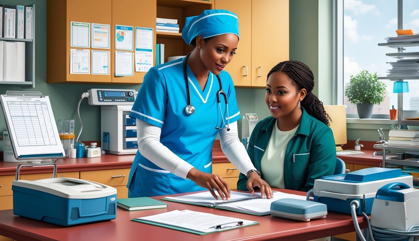 A nurse in scrubs assists a student in a clinical setting, surrounded by medical equipment and charts