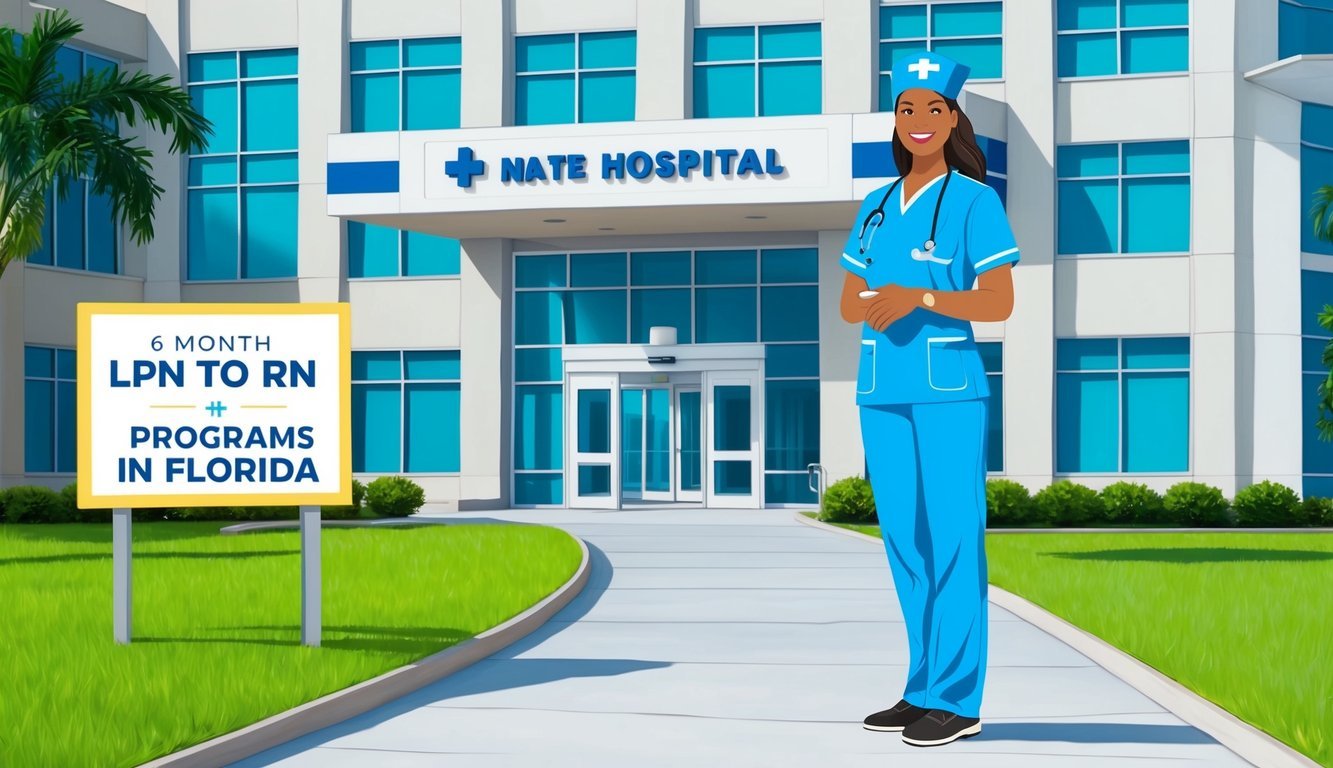 A nurse in scrubs standing in front of a hospital, with a sign displaying "6 month LPN to RN programs in Florida" and a pathway leading towards the entrance