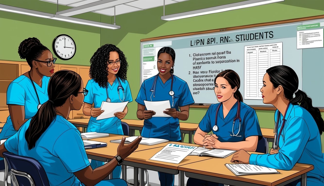 A classroom with LPN and RN students in Florida, discussing a FAQ sheet