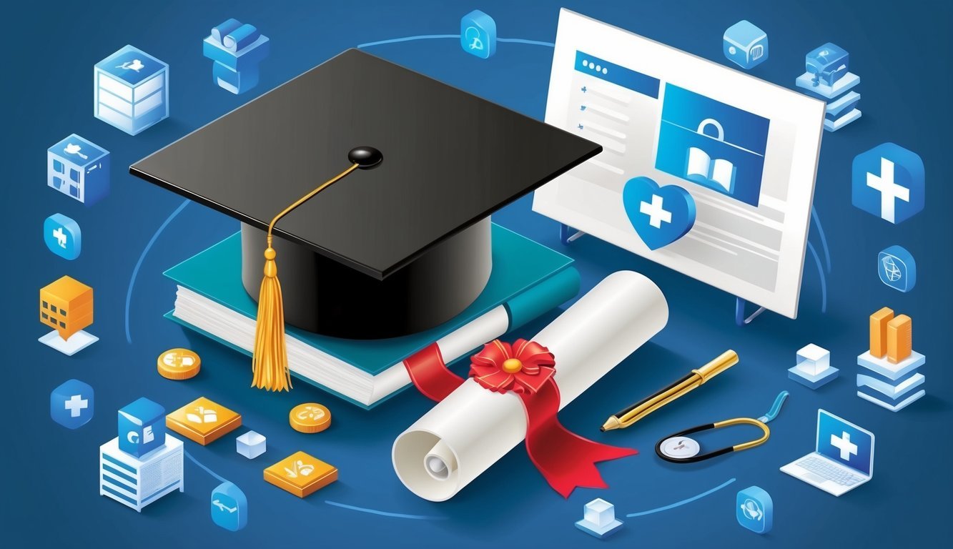 A graduation cap and diploma surrounded by business and healthcare symbols