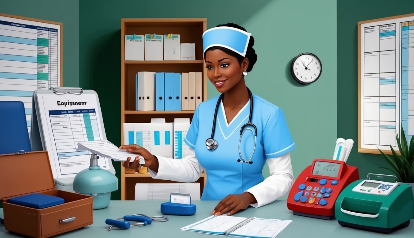 Smiling nurse in blue scrubs reviews paperwork at her desk