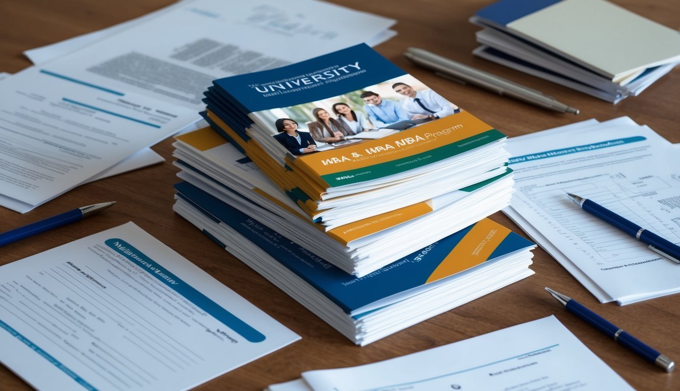 A stack of university brochures with MBA and MHA program information, surrounded by application forms and admission requirements