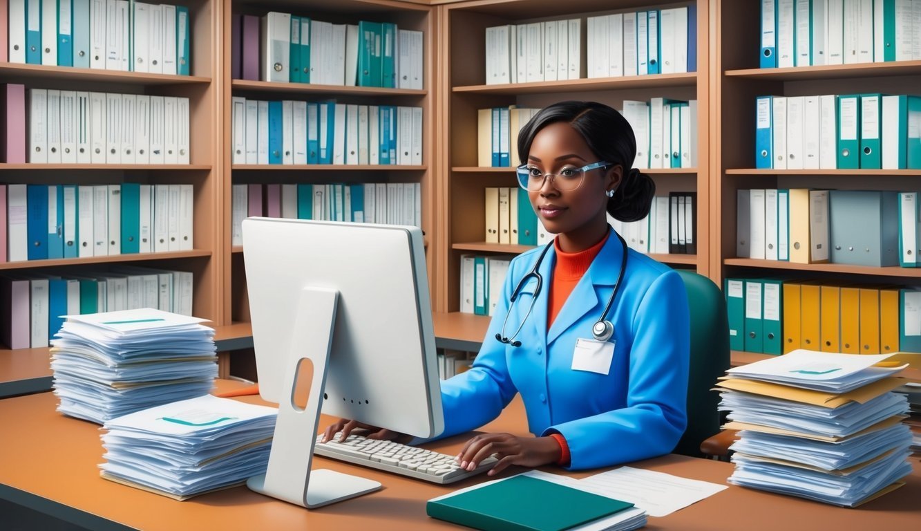 A doctor working at a desk with a computer, surrounded by files