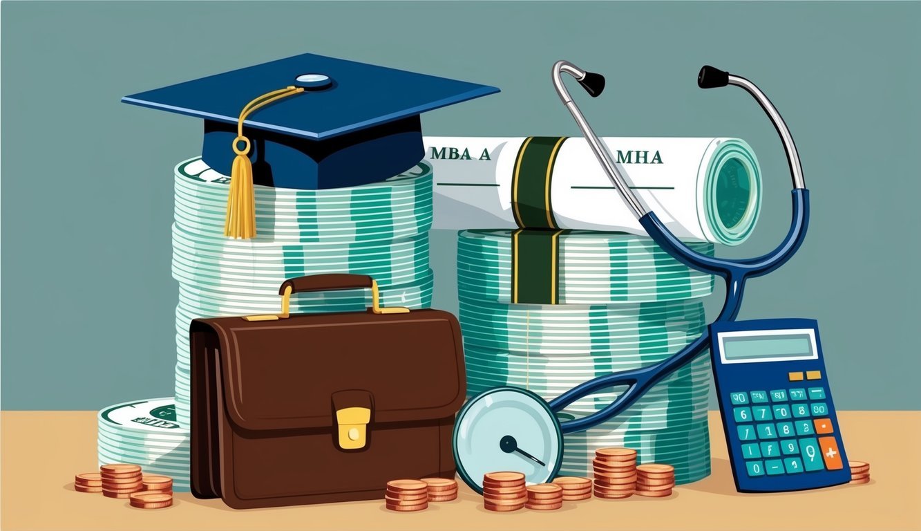 A stack of cash and coins with a diploma and stethoscope, alongside a briefcase and calculator, symbolizing financial considerations for MBA/MHA dual degree students