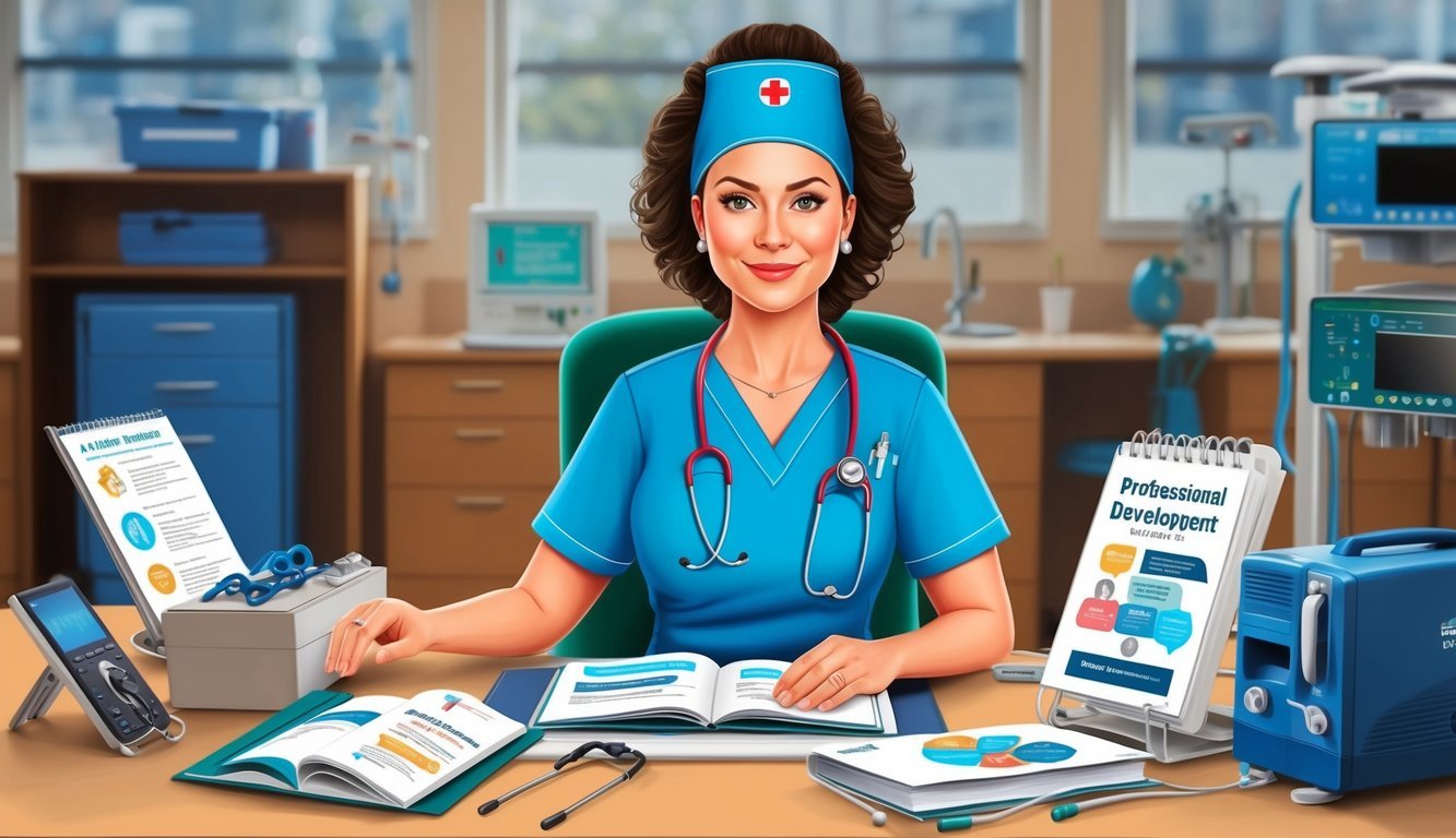 An orthopedic nurse practitioner attending a professional development seminar, surrounded by medical equipment and educational materials