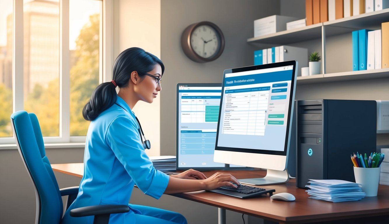 A health information technician working at a computer, organizing and inputting medical records into a database