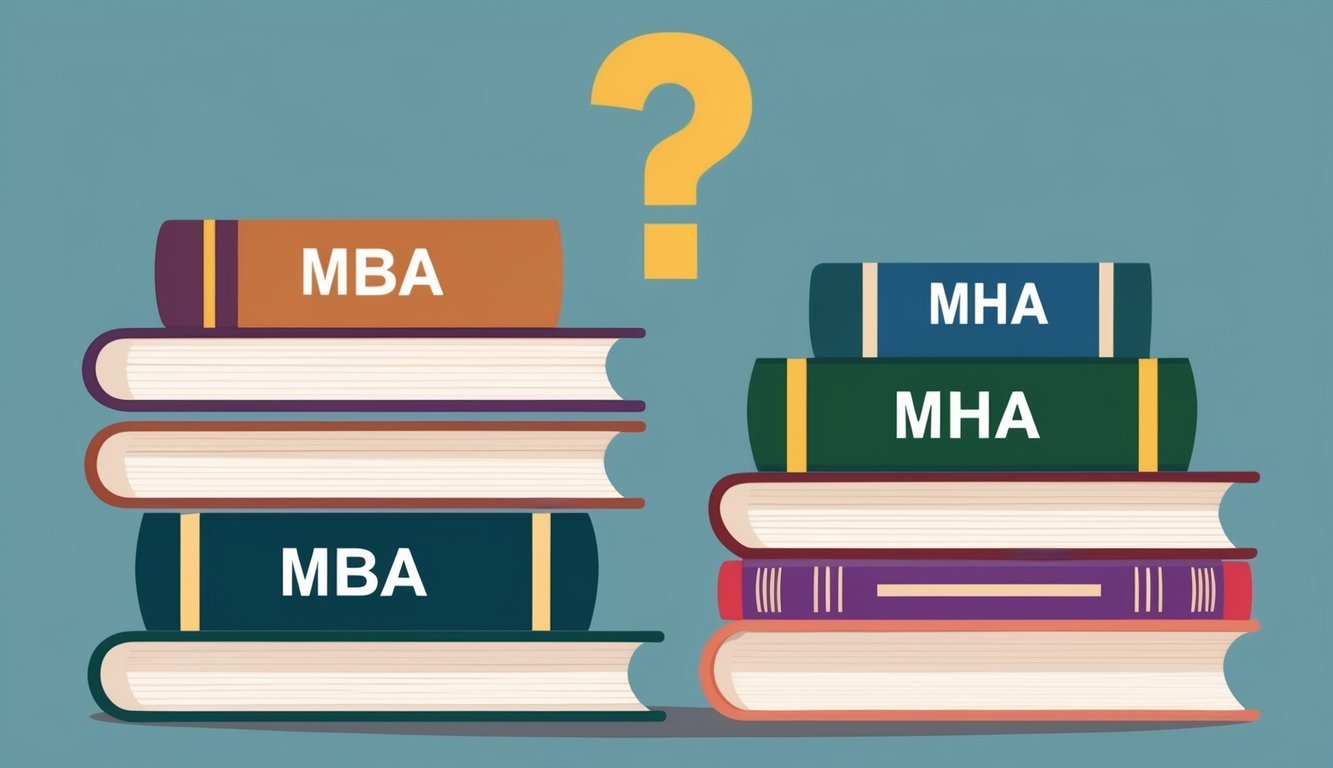 A stack of books labeled "MBA" and "MHA" with a question mark above them