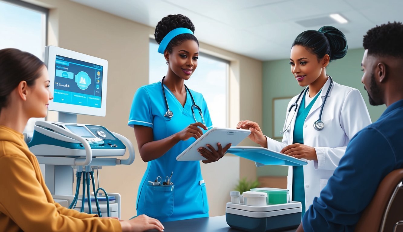 An orthopedic nurse practitioner examining medical equipment and interacting with patients in a modern clinic setting