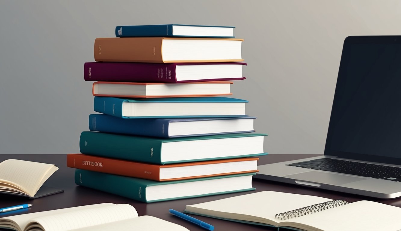 A stack of textbooks and a laptop on a desk, surrounded by open notebooks and pens