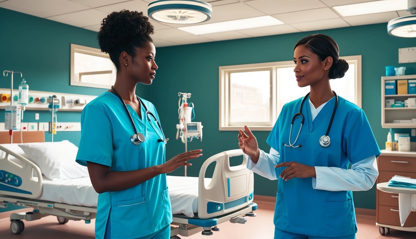 Two medical professionals in scrubs standing in a hospital room, discussing patient care