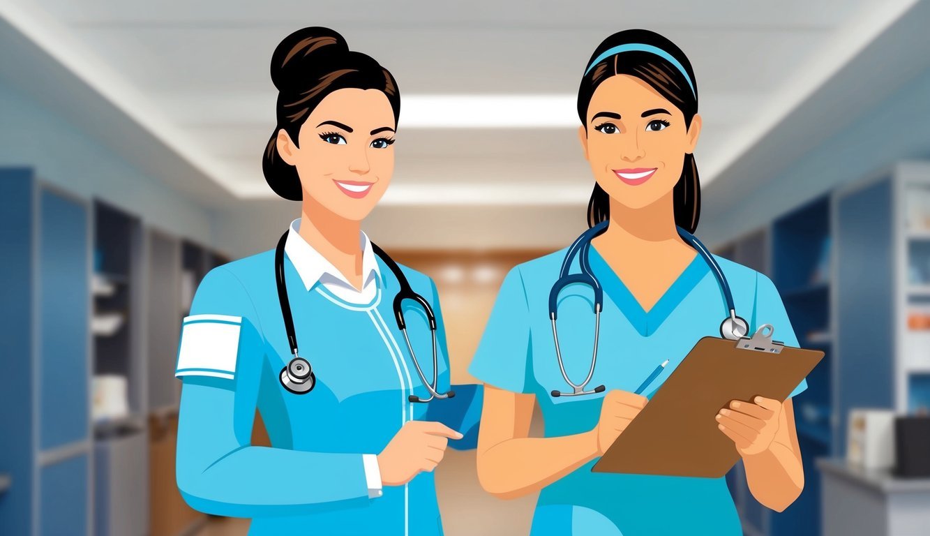 A nurse with a stethoscope around their neck stands next to a nurse practitioner holding a clipboard, both in professional attire