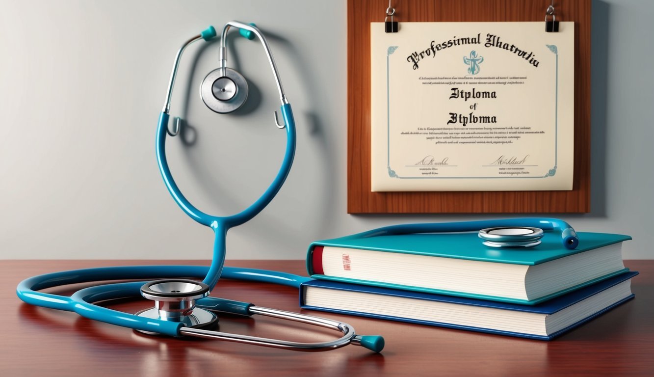 A stethoscope and medical textbook on a desk, with a diploma hanging on the wall