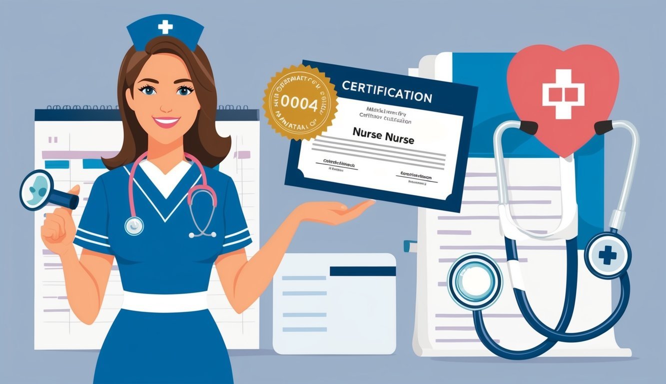 A nurse holding a diploma and a certification badge, with a stethoscope and medical chart in the background