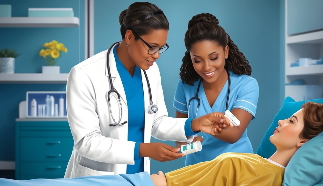 A nurse practitioner examining a patient, while a BSN nurse administers medication
