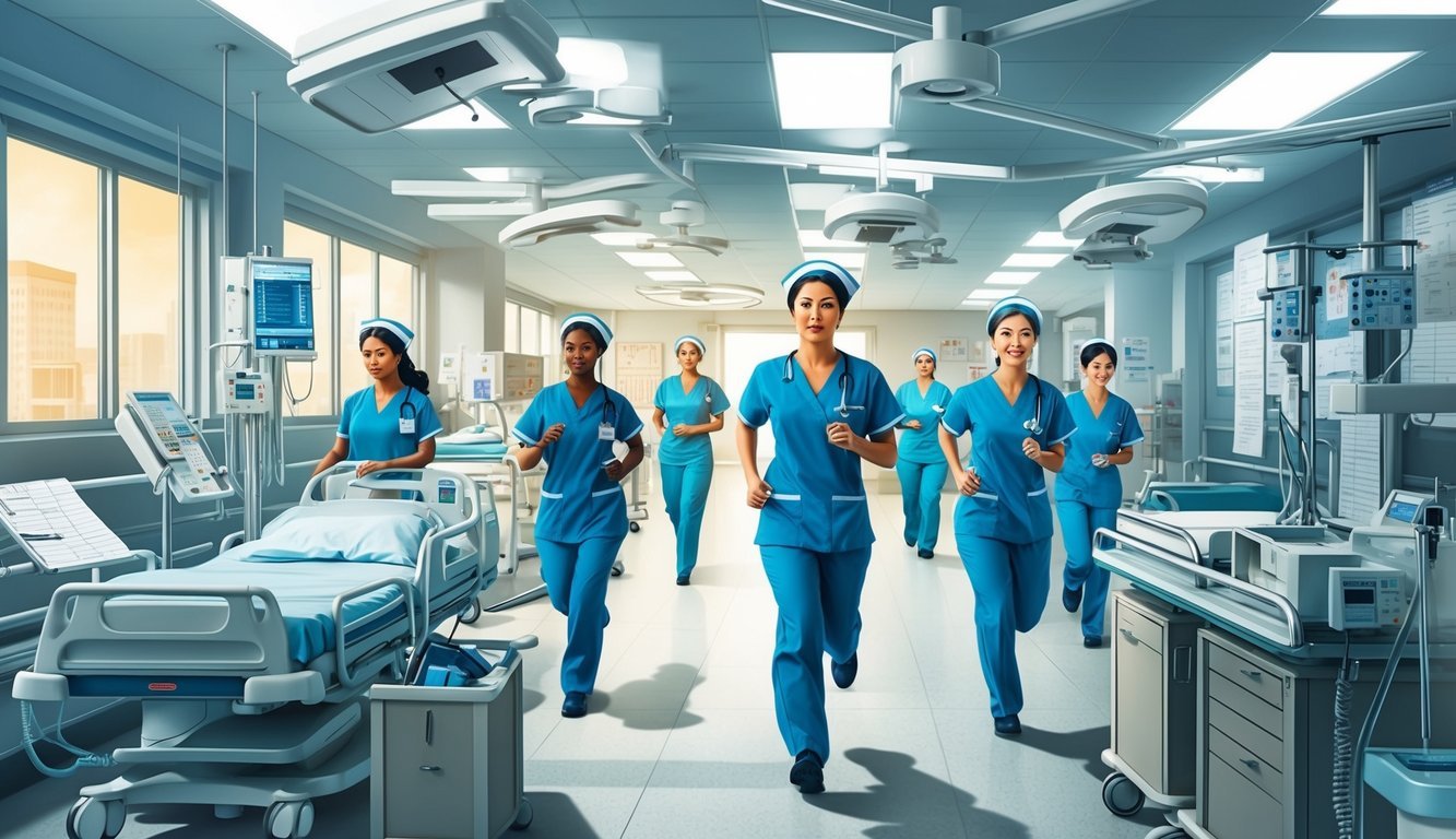 A busy hospital floor with medical equipment, charts, and nurses rushing around.</p><p>The atmosphere is fast-paced and intense, with a sense of urgency in the air