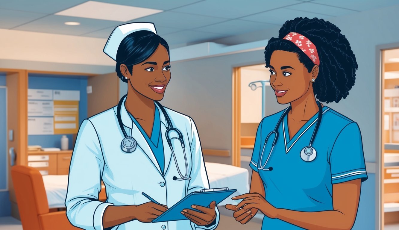 A nurse practitioner and a BSN nurse discussing career paths and specializations in a hospital setting