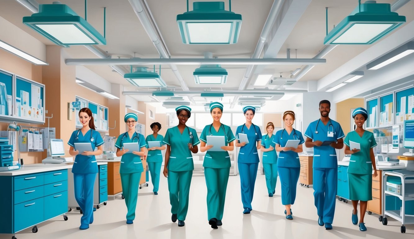 A bustling hospital with nurses and nurse practitioners working in different departments, collaborating to provide patient care and manage healthcare systems