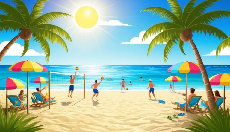 Beach scene with people playing volleyball, sun, palm trees, and umbrellas