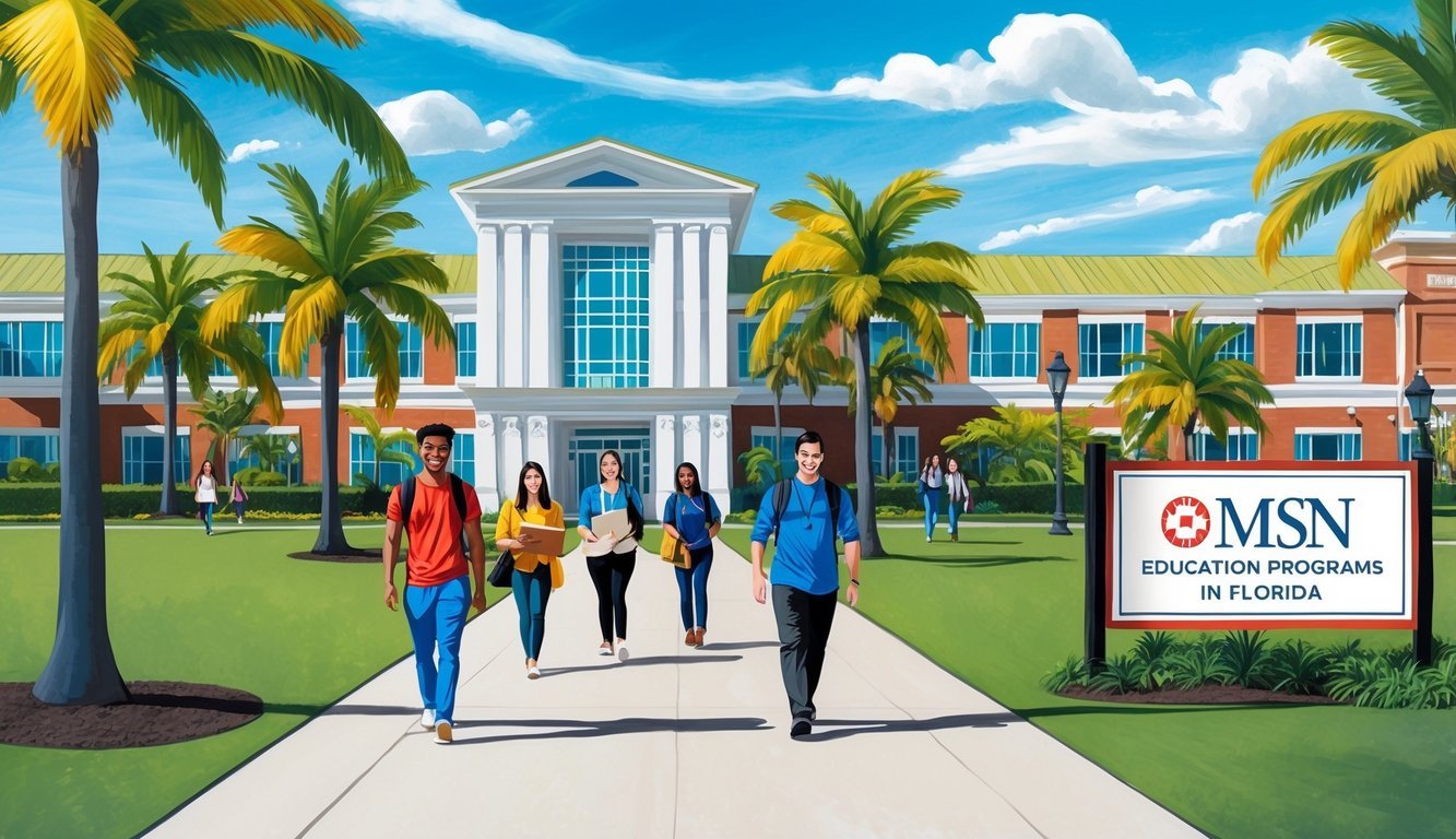 A sunny campus with palm trees, students walking to class, and a sign for MSN education programs in Florida