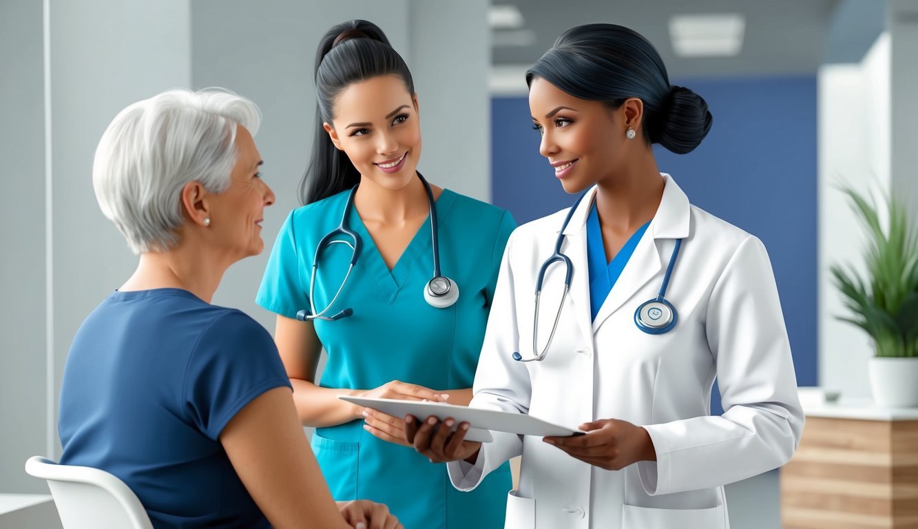 A nurse practitioner in a white coat consulting with a patient in a modern clinic setting