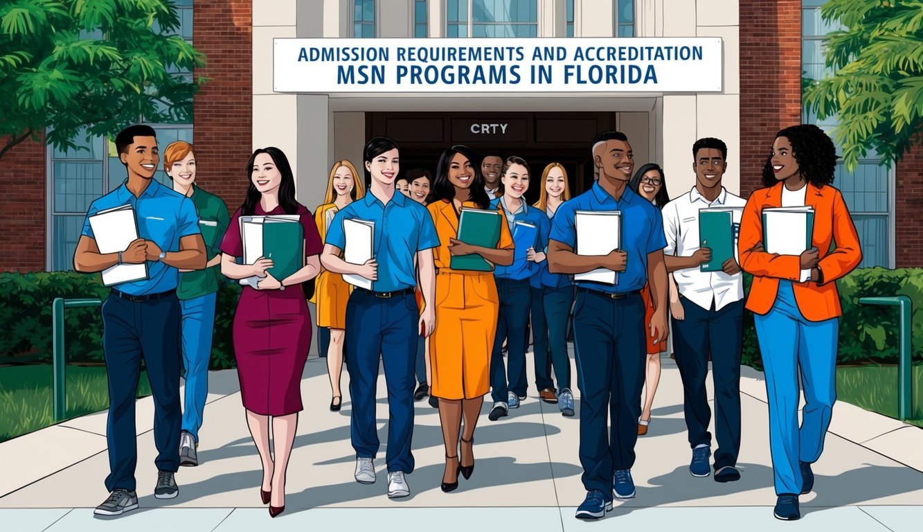 A group of students lining up outside a university building, each holding a folder of documents.</p><p>A sign above the entrance reads "Admission Requirements and Accreditation MSN Programs in Florida."