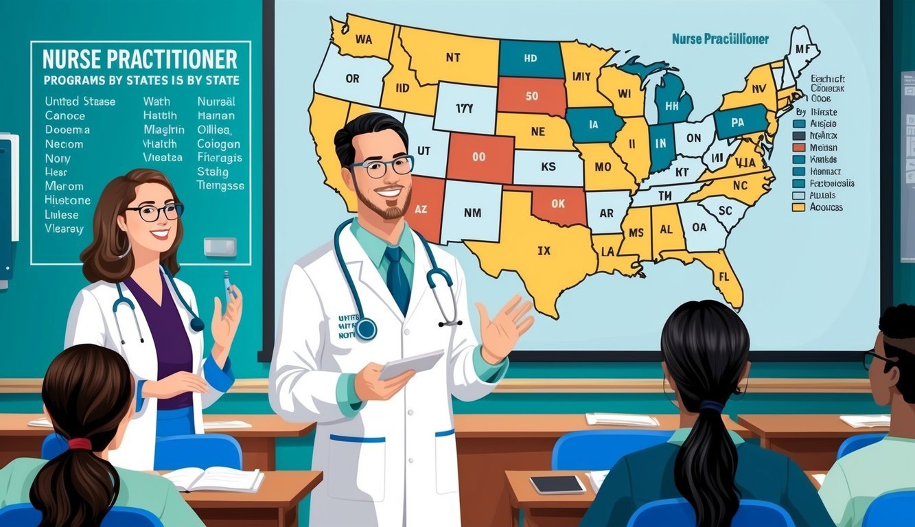 A nurse practitioner teaching in a classroom with a map of the United States showing different nurse practitioner programs by state