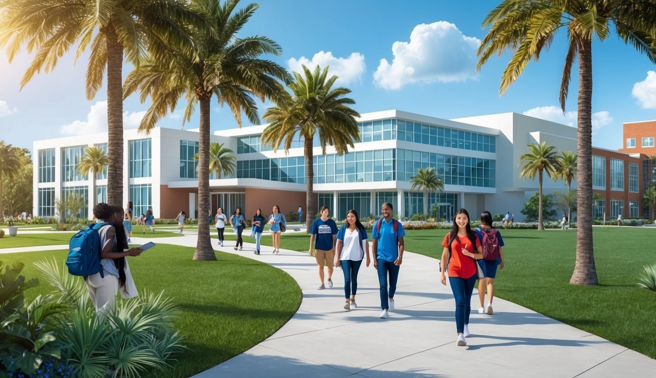 A sunny campus in Florida with palm trees, a modern university building, and students walking to and from MSN program classes