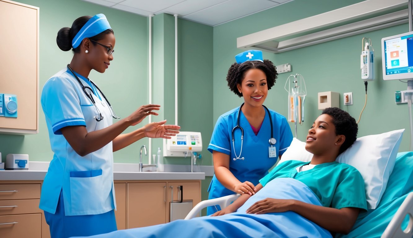A nurse practitioner conducting clinical training with a patient in a hospital setting