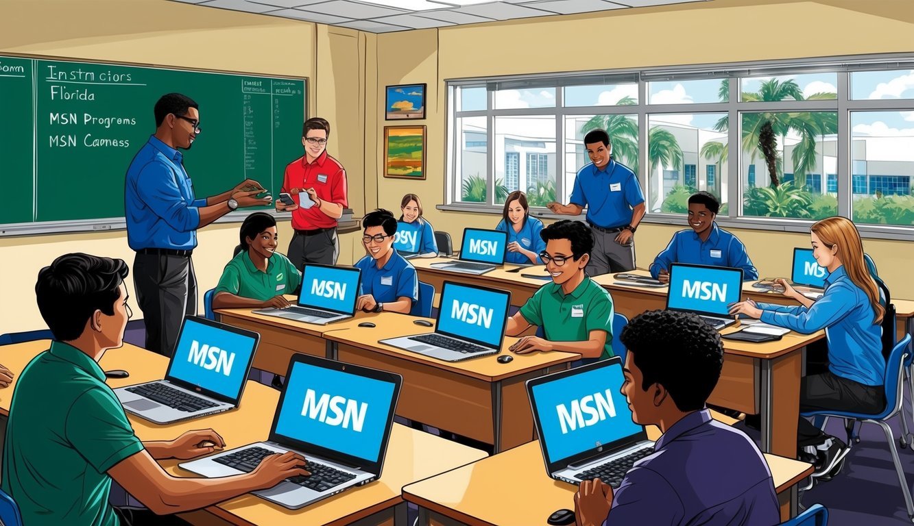 A group of students in a classroom in Florida, engaged in hands-on activities related to MSN programs, with instructors guiding them