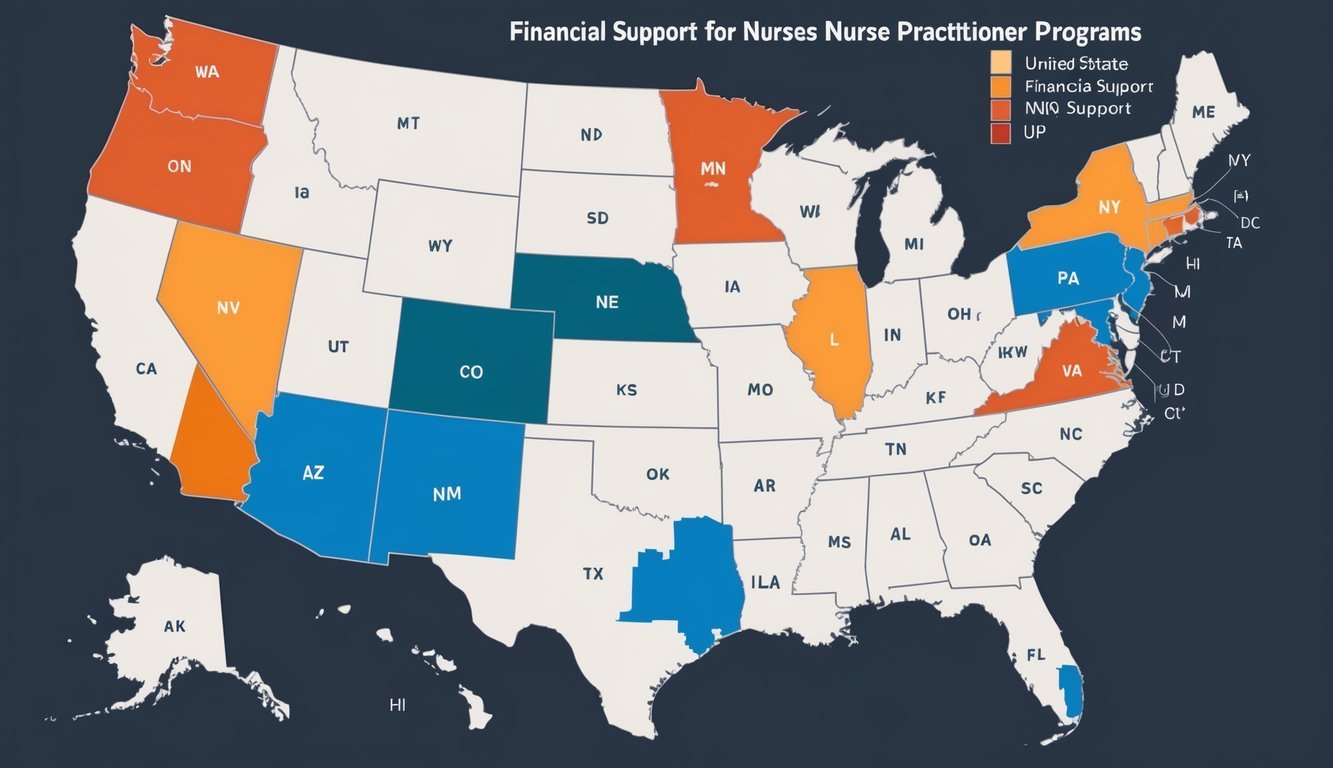 A map of the United States with color-coded regions indicating the varying levels of financial support for nurse practitioner programs in each state
