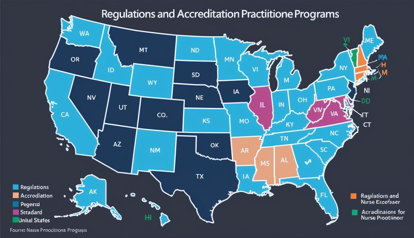 A map of the United States with each state highlighted and labeled with different colors and symbols to represent regulations and accreditation standards for nurse practitioner programs